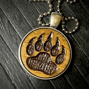 Bear paw engraved wood charm ball chain necklace..