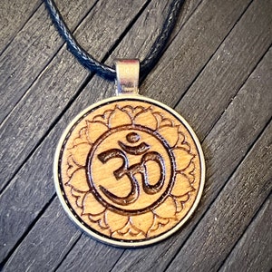 Namaste om engraved wood charm cord necklace…