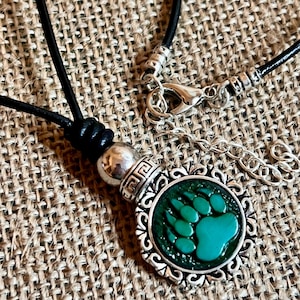 Native bear paw symbol engraved wood metal bezel pendant metal bead adjustable black leather cord necklace with clasp