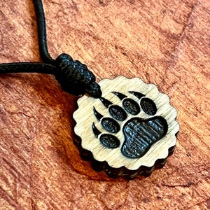 Bear Paw symbol wood engraved pendant adjustable black waxed cord necklace