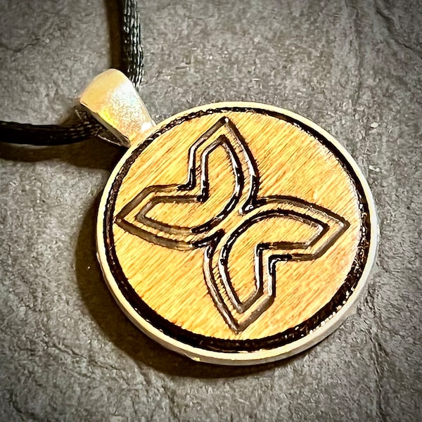 Cherokee symbol for freedom independence stained wood engraved metal bezel pendant adjustable satin cord necklace