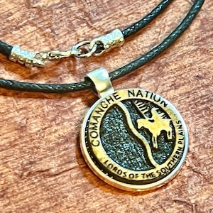 Comanche Nation  symbol wood engraved metal bezel pendant charm  black cord necklace with clasp