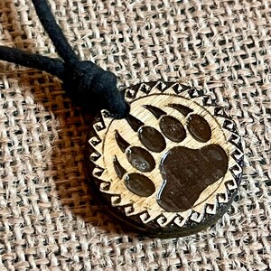 Bear paw symbol wood engraved  pendant charm adjustable black waxed cord minimalist necklace