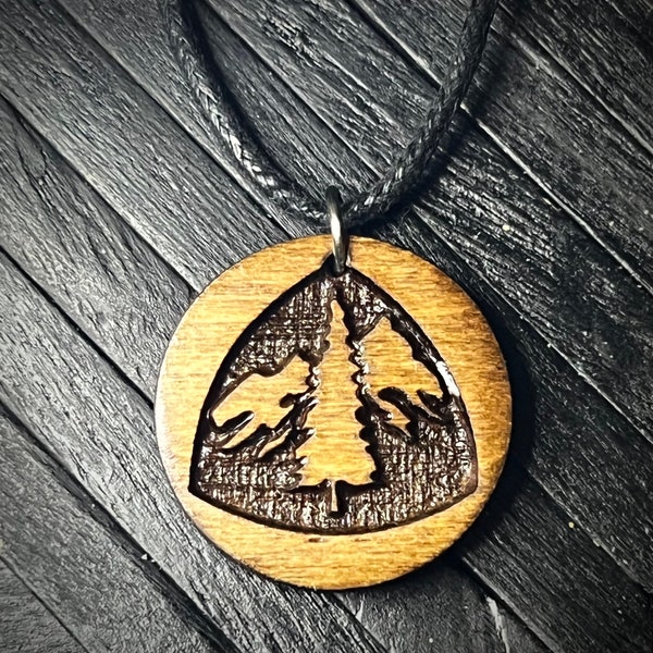 The Pacific crest Trail engraved wood charm cord necklace..