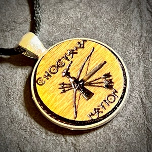 Choctaw Nation stained wood engraved metal bezel pendant adjustable satin cord necklace