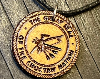 The Choctaw Nation engraved wood charm cord necklace