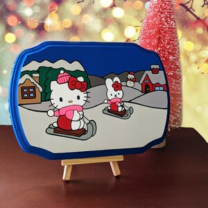 Cat & Bunny Sledding 9.5&quot; x 6.5&quot; acrylic on wood