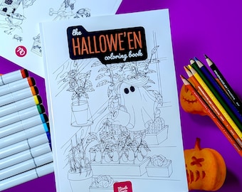 May include: A coloring book with a Halloween theme. The cover features a ghost with a spooky expression, surrounded by plants and flowers. The title of the book is "The Hallowe'en Coloring Book".