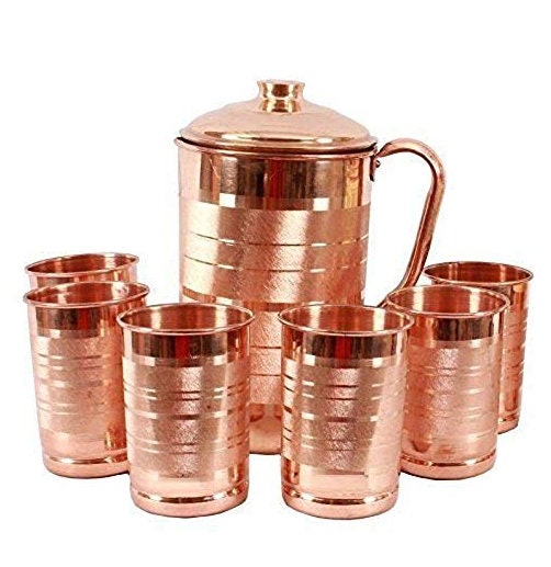 Copper Water jug with Lid and 6 Copper Glass Set 300 ml Each Etsy