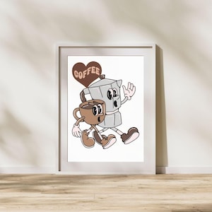 Op de afbeelding: Een witte ingelijste print met een cartoonillustratie van een koffiekan en een koffiekopje die samen lopen. De koffiekan houdt een hart vast waarop "COFFEE" in bruine letters staat.