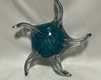 Murano Style Art Glass Bowl Teal Blue Handblown Biomorphic Centerpiece Vintage Organic Form Glass Sculpture Mid Century Style