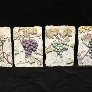 Set of 4 Cheri Bloom 3D Grape/Wine Resin Plaques - Merlot, Cabernet, Chardonnay, Sauvignon Blanc