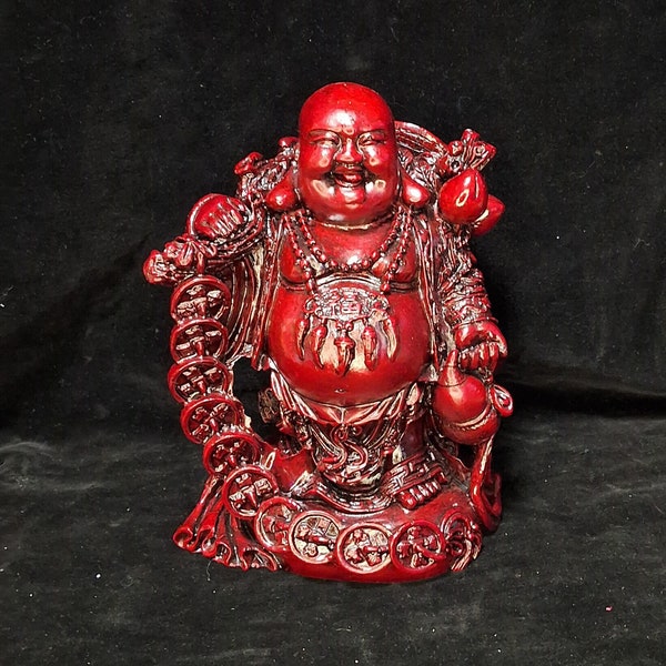 Vintage Standing Lucky Coin Money Red Laughing Buddha Statue - Feng Shui Prosperity