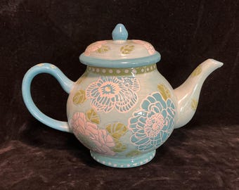 Vintage Dutch Wax Raised Floral Teapot | Anthropologie Ceramic | Green Teal Turquoise | 4-Cup | Microwave Dishwasher Safe
