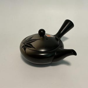 Vintage Takasuke Tokoname Teapot - Autumn Momiji Black Kyusu - Flat Single Serve Japan Pottery