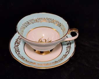 Fleur de Lys Blue (Bone, Gold Trim) Footed Cup & Saucer Set by Spode