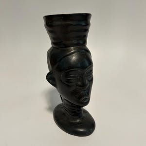 Vintage Kuba Cup Figural Head Black Pottery Lama Oaxaca Folk Art 1960s Mexican