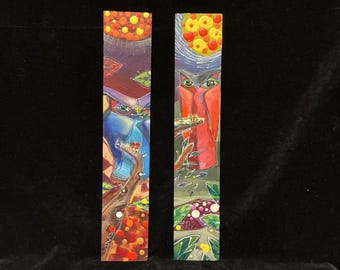 Visionary Outsider Art Paintings on Wood Panels Folk Surrealist Abstract Faces Gallery Wall Art Pair