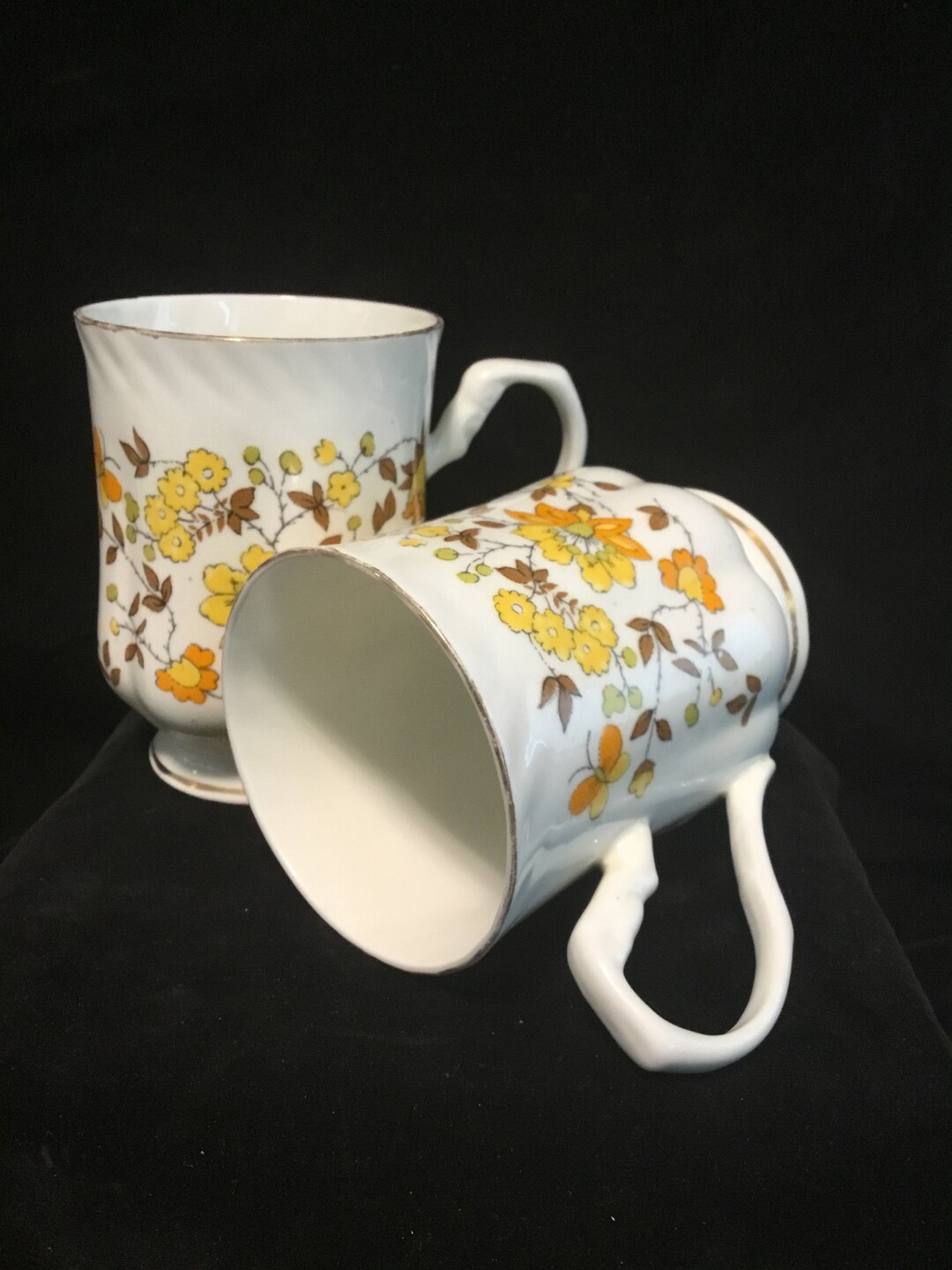 Vintage Hitkari Fine Bone China Floral Teacups, Set of Two, 70s Tea and