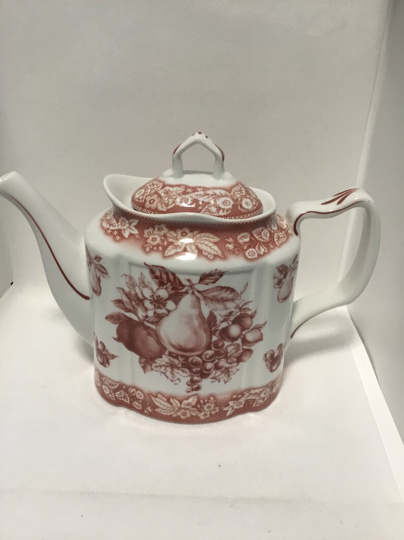 Classic China Teapot With a Cornucopia of Fruits in Red and White. Elegant Teapot by J. Godinger