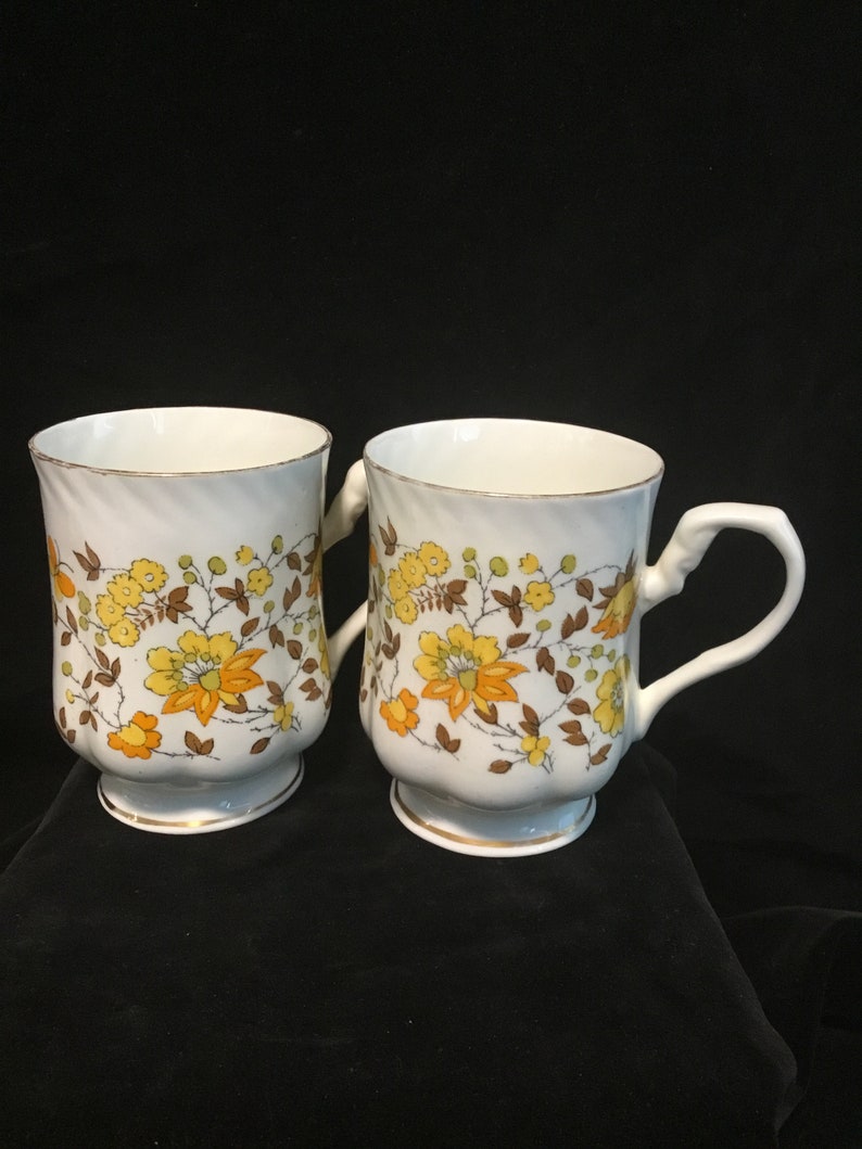 Vintage Hitkari Fine Bone China Floral Teacups, Set of Two, 70s Tea and