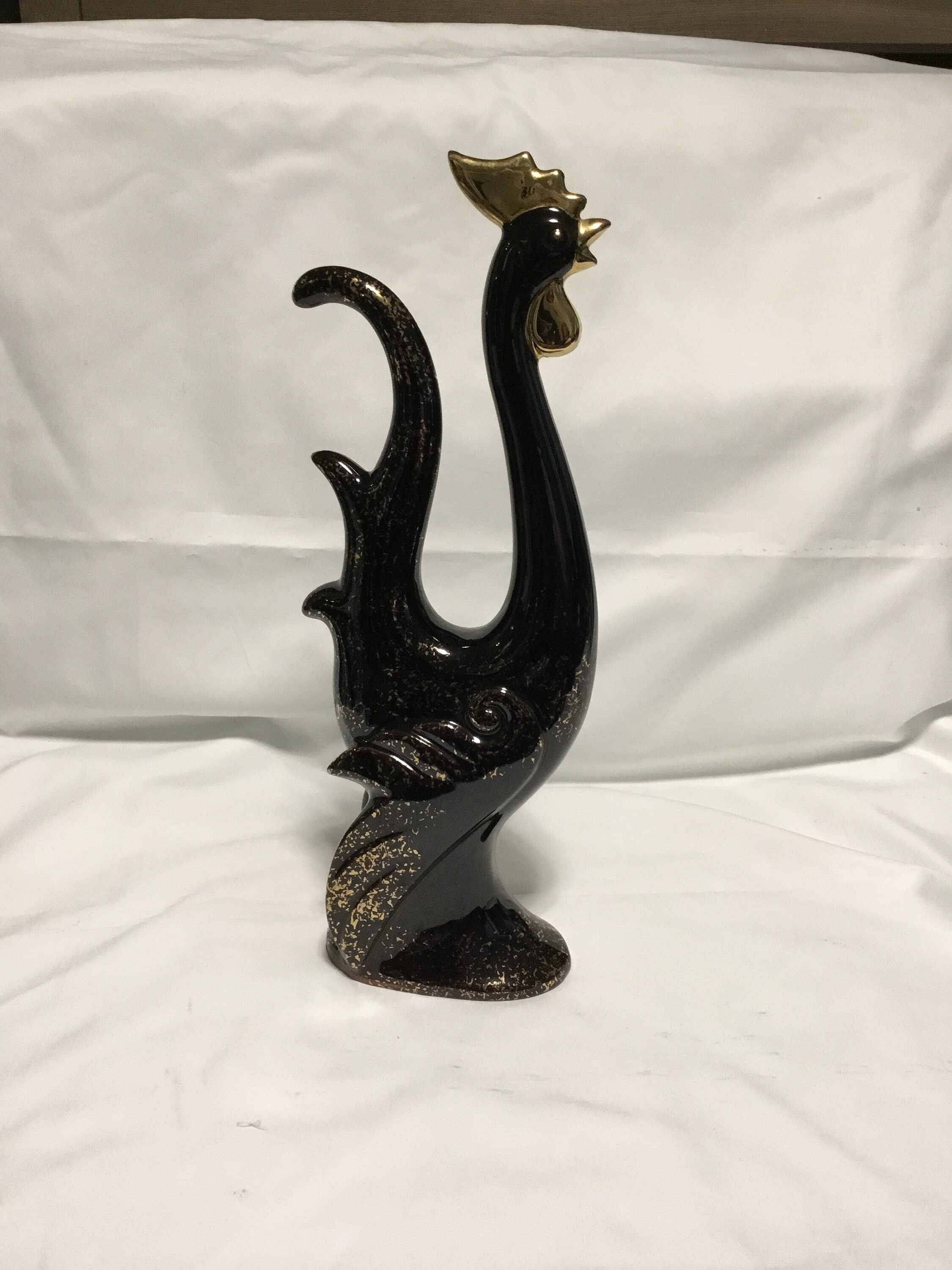 Vintage Hand Painted Atlas Japan Black and Gold Speckled Rooster Ceramic Figurine - Mid Century MCM Farm Country Chicken