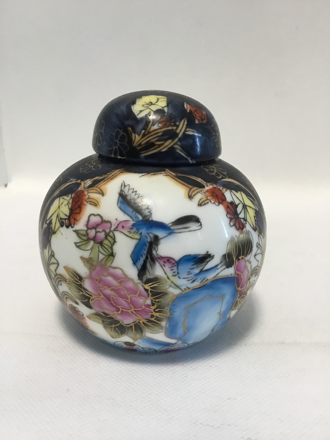 Vintage Satsuma Hand Painted Ginger Jar With Lid Blue Birds and