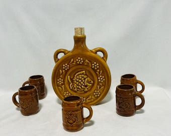 Rare Vintage Miniature Ceramic Schnapps Decanter Set with 5 Mugs Mid Century Folk Art Barware Fish Motif