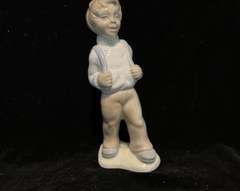 Vintage 1960s Tengra Spain Porcelain Figurine Boy with Backpack, Hand-Painted Collectible