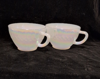 Set of 2 Federal Glass Moonglow Tea Cups - Iridescent White Milk Glass, Pearl Lustre, Vintage Collectible Punch Cups