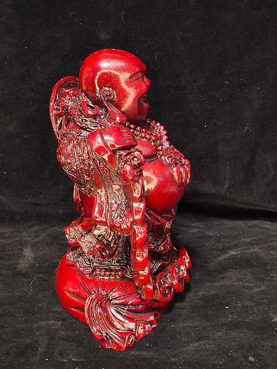 Vintage Standing Lucky Coin Money Red Laughing Buddha Statue