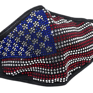 May include: A black face mask with a red, white, and blue American flag design made of rhinestones.