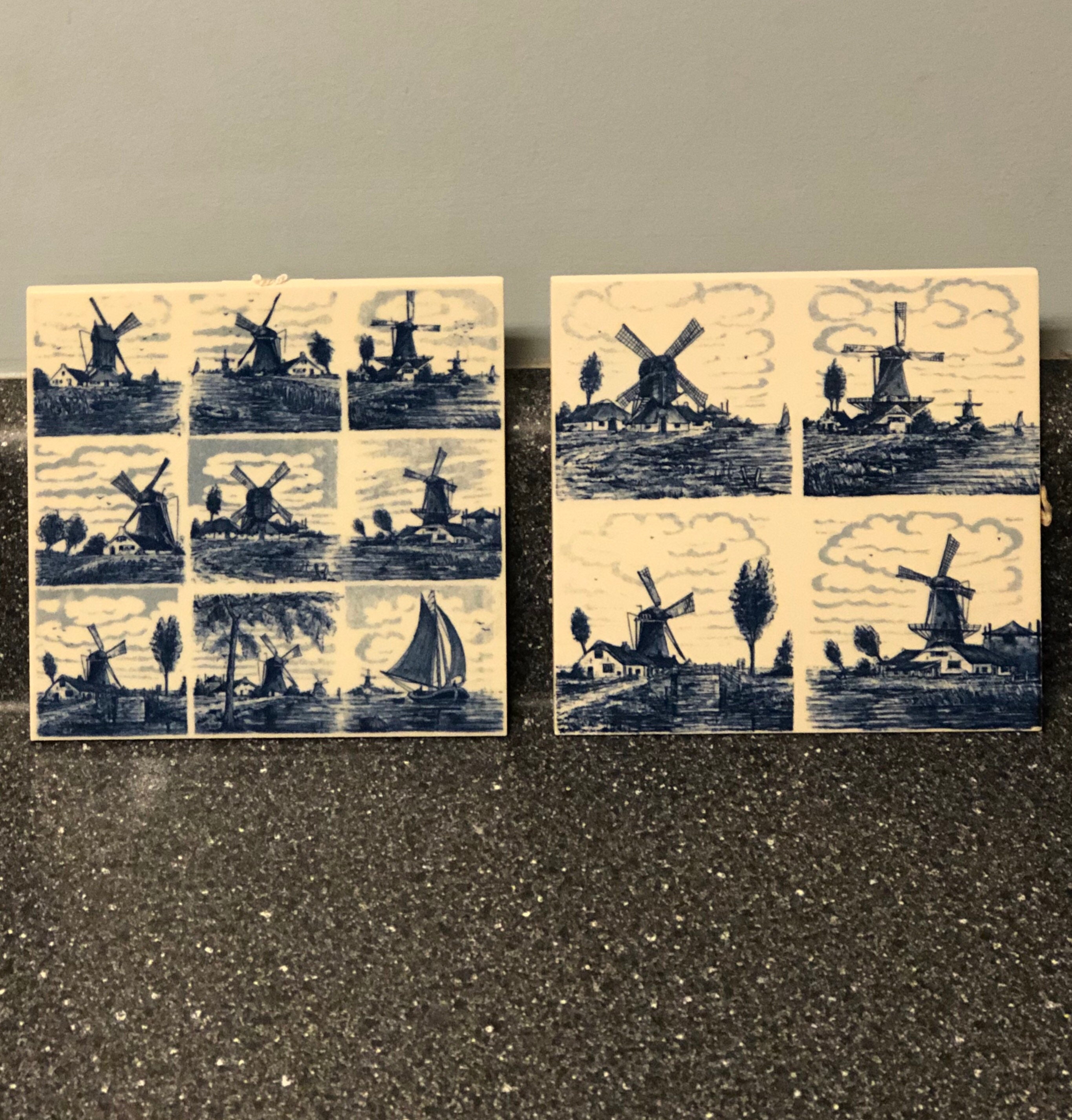 Vintage Delfts Windmill Tiles (Holland - Set of 2)