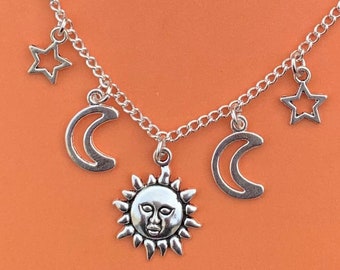 Collar de plata de sol, luna y estrellas, collar celestial, collar minimalista, collar de luna creciente, collar wiccano, regalo pagano