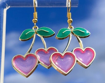 Y2K Cherry Heart Earrings, Gold Cherry Dangle Earrings, 90s Kawaii Harajuku Jewelry