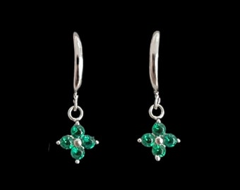 Dainty Flower Charm Huggie Earrings, Emerald Green and Silver Huggie Hoops, Tiny Huggie Hoops, CZ Dangle Earrings, Cartilage Hoop Earrings