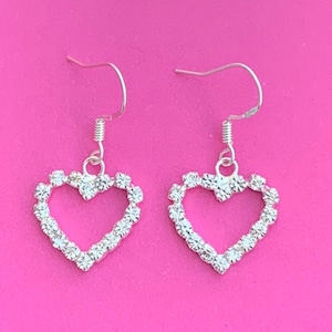 Y2K Heart Earrings, Silver Diamante Heart Earrings, Y2K Jewelry, 2000s Jewelry, McBling Earrings, Bimbocore