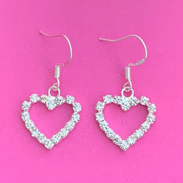 Heart Outline Earrings, 925 Sterling Silver Silver Diamante Heart Earrings, Hollow Heart Earrings, Y2K Earrings, Y2K Jewelry, Kawaii