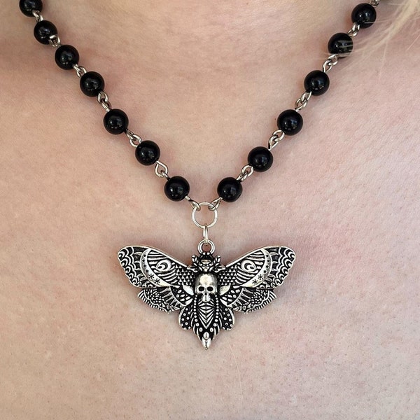 Death Head Moth Necklace, Gothic Black Rosary Beads, Silver Moth Jewellery, Goth Necklace, Gothic Jewellery, Rosary Style Necklace