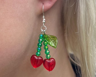 Y2K Cherry Heart Earrings, Green and Red Beaded Cherry Earrings, Silver Cherry Dangle Earrings, 90s Kawaii Coquette Jewelry