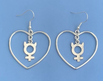 Devil Female Earrings, Venus Symbol Earrings, Female Sign Earrings, Silver Heart Earrings, Feminist Earrings, Feminism Jewelry,