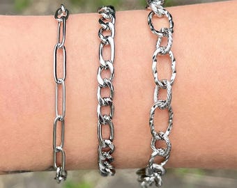 Chunky Silver Bracelets, Stainless Steel Figaro Chain, Paperclip, Thick Cable Chain Bracelet, Waterproof Bracelet, Gothic Jewelry, Punk, Alt
