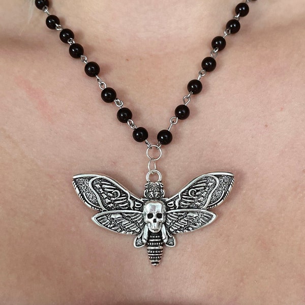 Death Head Moth Necklace, Gothic Black Rosary Beads, Silver Moth Jewellery, Goth Necklace, Gothic Jewellery, Witch Jewellery