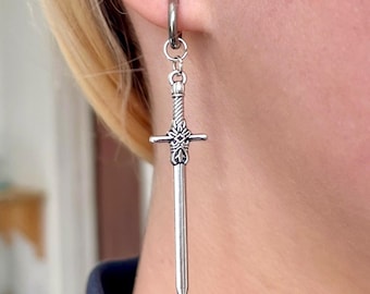 Silver Sword Hoop Earrings, Gothic Jewelry