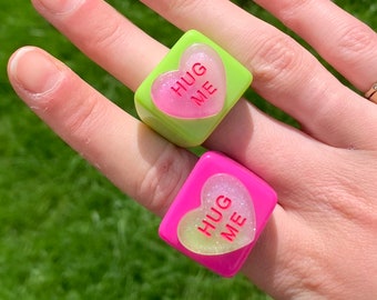 Funky Women's Love Heart Chunky Colorful Resin Plastic Ring, Trendy Y2K 00's Statement