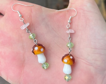 Mushroom Earrings, Rose Quartz Dangle Earrings, Fairycore Earrings