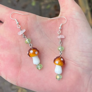 Mushroom Earrings, Rose Quartz Dangle Earrings, Fairycore Earrings