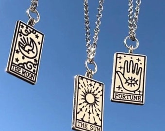 Tarot Card Necklace, Silver Tarot Card Jewelry, Sun, Moon, Fortune, Astrology Necklace, Witch Necklace, Mystic Jewelry