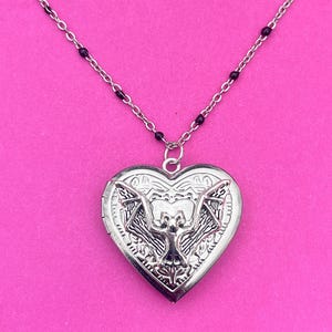 Bat Locket Necklace, Gothic Jewelry, Goth Necklace, Vampire Jewelry, Alternative Jewelry, Witch Jewelry, Bat Heart Locket, Rosary Necklace