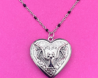 Bat Locket Necklace, Gothic Jewelry, Goth Necklace, Vampire Jewelry, Alternative Jewelry, Witch Jewelry, Bat Heart Locket, Rosary Necklace